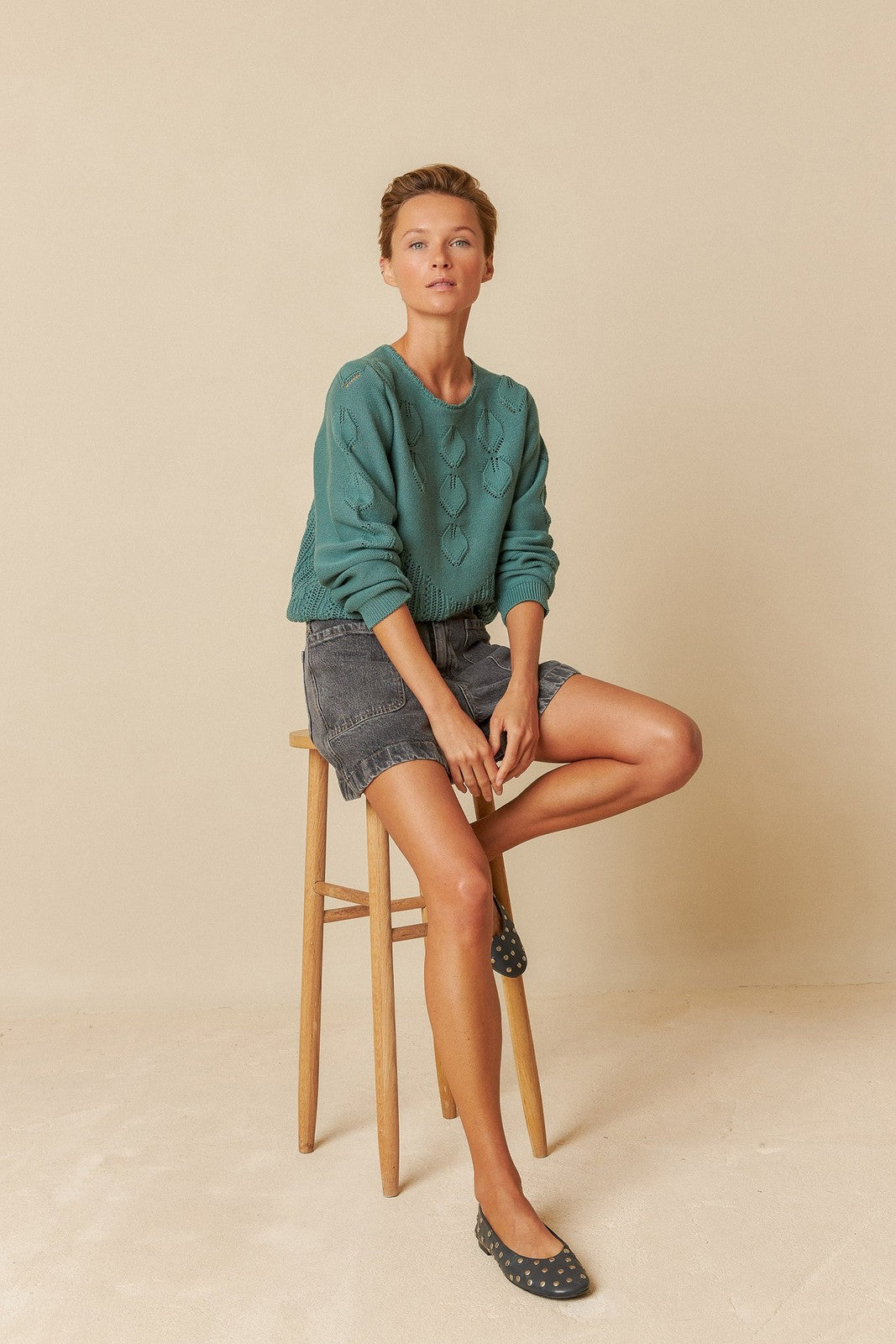 Indi & Cold RD149 Crochet Effect Sweater Emerald