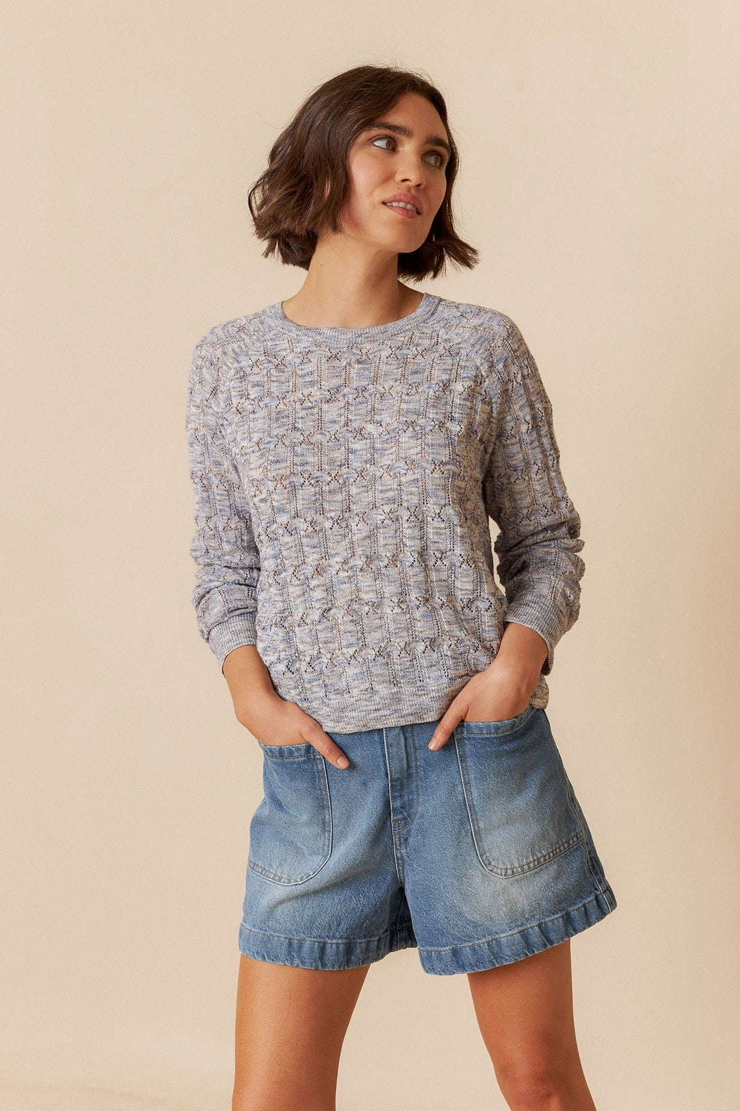 Indi & Cold RD466 Pointelle Knit Sweater Azul