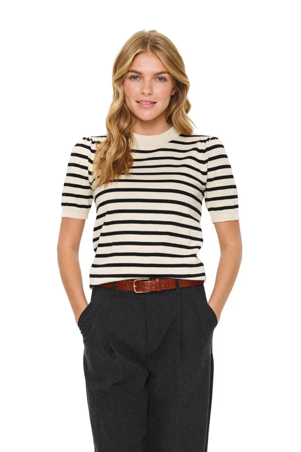 Saint Tropez MilaSZ SS Striped Pullover Brown Rice Black Stripe