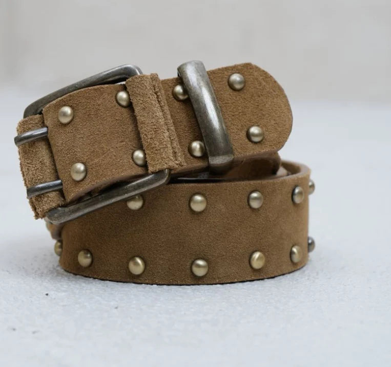 Indi & Cold Suede Leather Studded Belt Camel #AG772