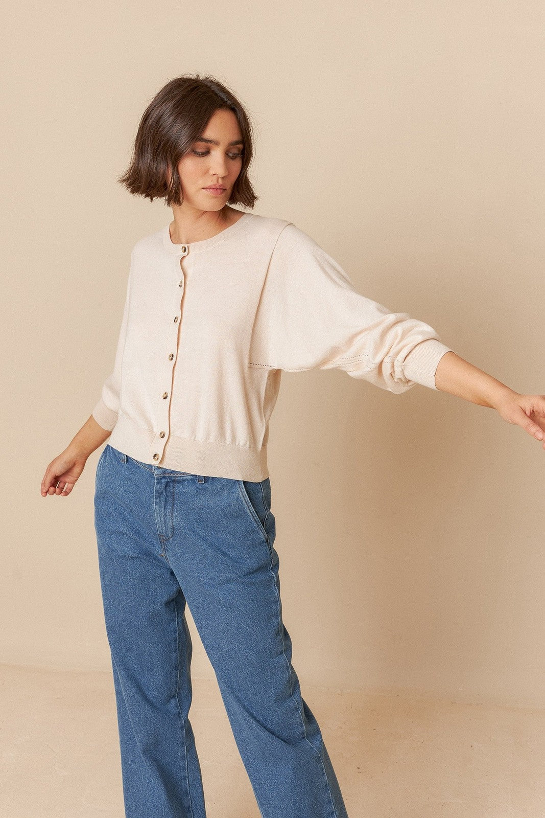 Indi & Cold TK471 Batwing Sleeve Knit Jacket Ecru Crudo