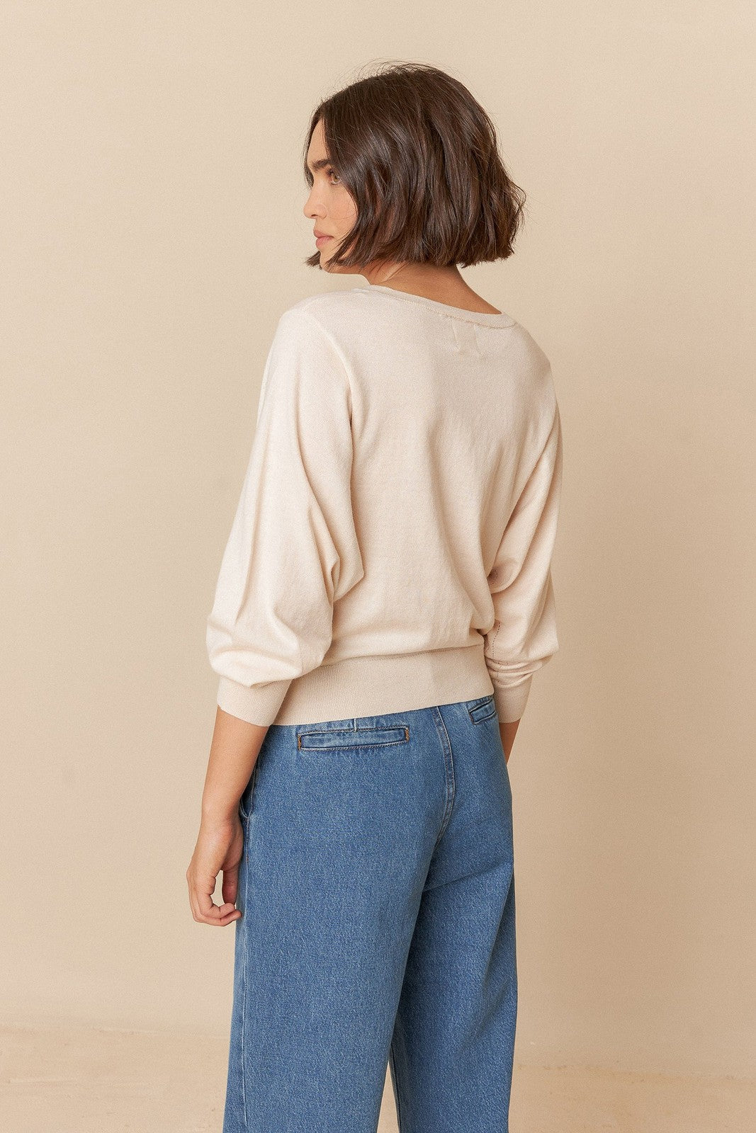 Indi & Cold TK471 Batwing Sleeve Knit Jacket Ecru Crudo