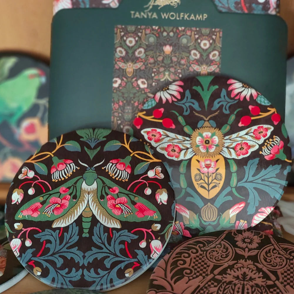 Tanya Wolfkamp Ceramic Coaster Damask Bee Set of 4